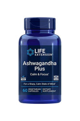 Life Extension Ashwagandha Plus Calm & Focus dietary supplement bottle with 60 vegetarian capsules.